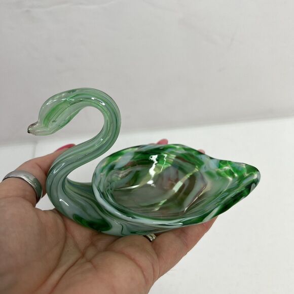 Vintage Art Glass Swan Bowl Hand Blown Green Dish Mid Century Mod Tiny 6 Inch - Picture 5 of 8